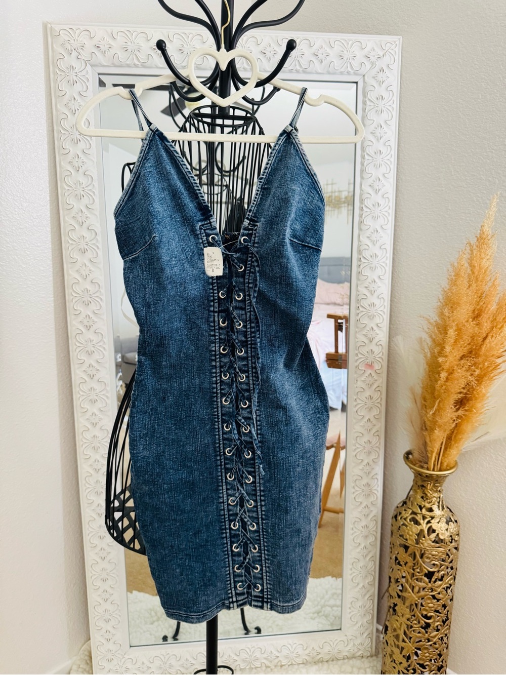 Denim Lace-Up Bodycon Dress - Blue